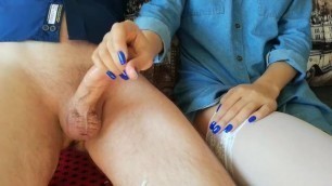 Amazing Handjob from Asian Girl with Blue Nails and White Stockings