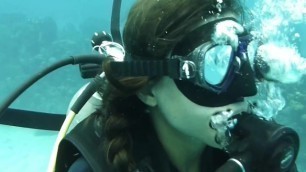 Sexy Brunette Hair Underwater Scuba Diving Breathing Bubbles Nice XXX Lips