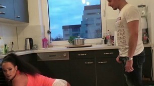 German Amateur milf is caught in the kitchen and gets an mmf threesome
