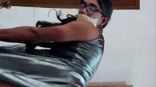 Indian sexy crossdresser Lara D'Souza in satin maxi dress